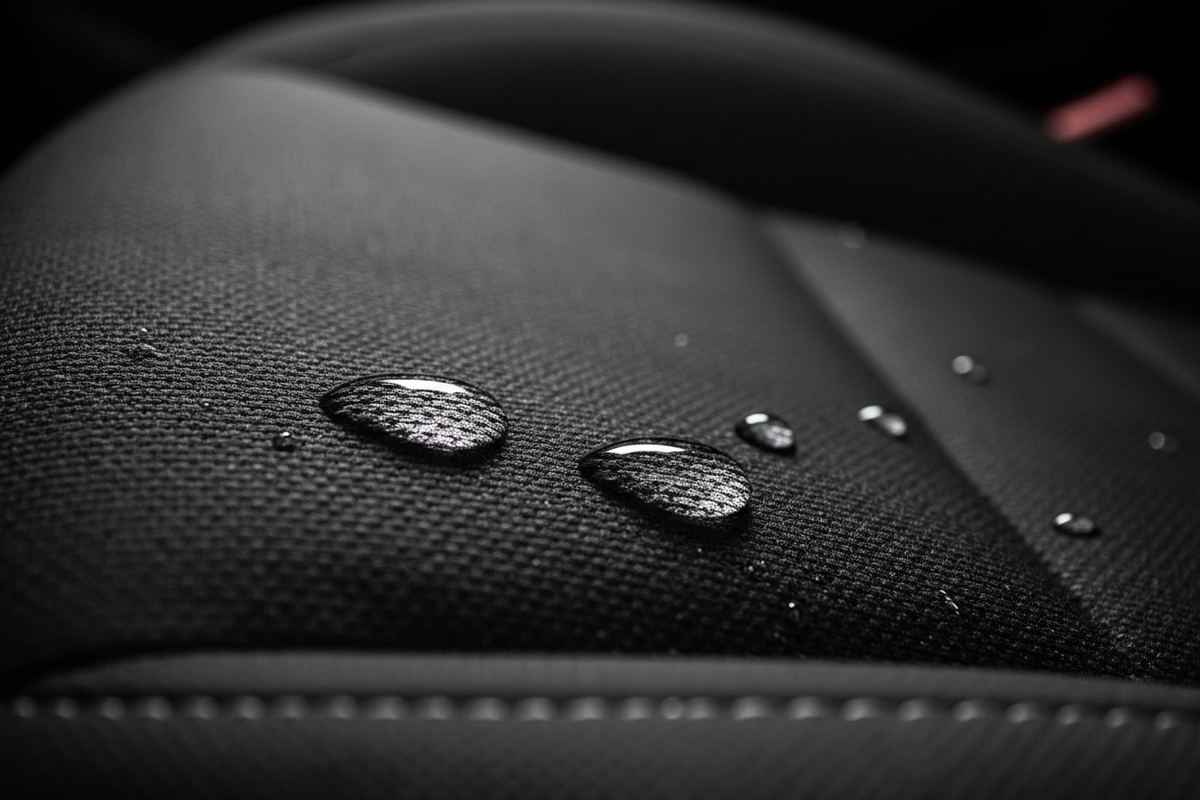 Close-up of water droplets on a textured black surface